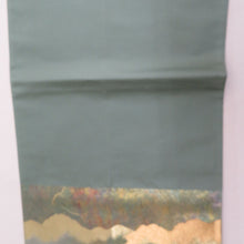 画像をギャラリービューアに読み込む, 袋帯 雲取り模様 青胴箔 正絹 金糸 緑色x金色絹 六通柄 地紋入り 仕立て上がり 着物帯 長さ432cm