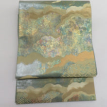 画像をギャラリービューアに読み込む, 袋帯 雲取り模様 青胴箔 正絹 金糸 緑色x金色絹 六通柄 地紋入り 仕立て上がり 着物帯 長さ432cm