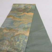 画像をギャラリービューアに読み込む, 袋帯 雲取り模様 青胴箔 正絹 金糸 緑色x金色絹 六通柄 地紋入り 仕立て上がり 着物帯 長さ432cm