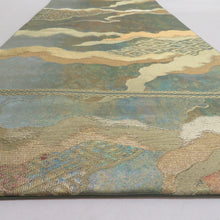 画像をギャラリービューアに読み込む, 袋帯 雲取り模様 青胴箔 正絹 金糸 緑色x金色絹 六通柄 地紋入り 仕立て上がり 着物帯 長さ432cm