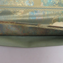 画像をギャラリービューアに読み込む, 袋帯 雲取り模様 青胴箔 正絹 金糸 緑色x金色絹 六通柄 地紋入り 仕立て上がり 着物帯 長さ432cm