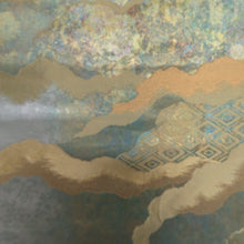 画像をギャラリービューアに読み込む, 袋帯 雲取り模様 青胴箔 正絹 金糸 緑色x金色絹 六通柄 地紋入り 仕立て上がり 着物帯 長さ432cm