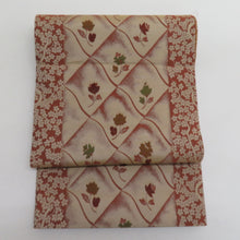 画像をギャラリービューアに読み込む, 袋帯 洒落袋帯 菱に花模様 絹 茶色x緑色 全通柄 仕立て上がり 着物帯 長さ432cm