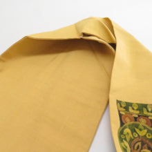 画像をギャラリービューアに読み込む, 名古屋帯 作家物 ろうけつ染め 紬地 黄色x黄緑x茶色 絹 華文紋様 名古屋仕立て お太鼓柄 仕立て上がり 着物帯 長さ401cm