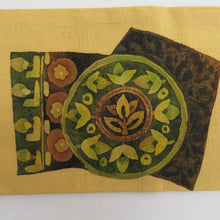 画像をギャラリービューアに読み込む, 名古屋帯 作家物 ろうけつ染め 紬地 黄色x黄緑x茶色 絹 華文紋様 名古屋仕立て お太鼓柄 仕立て上がり 着物帯 長さ401cm