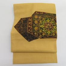 画像をギャラリービューアに読み込む, 名古屋帯 作家物 ろうけつ染め 紬地 黄色x黄緑x茶色 絹 華文紋様 名古屋仕立て お太鼓柄 仕立て上がり 着物帯 長さ401cm