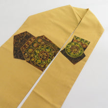 画像をギャラリービューアに読み込む, 名古屋帯 作家物 ろうけつ染め 紬地 黄色x黄緑x茶色 絹 華文紋様 名古屋仕立て お太鼓柄 仕立て上がり 着物帯 長さ401cm