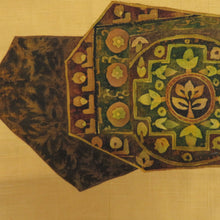 画像をギャラリービューアに読み込む, 名古屋帯 作家物 ろうけつ染め 紬地 黄色x黄緑x茶色 絹 華文紋様 名古屋仕立て お太鼓柄 仕立て上がり 着物帯 長さ401cm