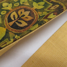 画像をギャラリービューアに読み込む, 名古屋帯 作家物 ろうけつ染め 紬地 黄色x黄緑x茶色 絹 華文紋様 名古屋仕立て お太鼓柄 仕立て上がり 着物帯 長さ401cm