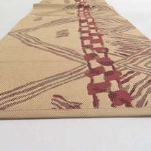 画像をギャラリービューアに読み込む, 名古屋帯 正絹 薄茶色x茶色 幾何学模様 八寸帯 六通柄 カジュアル 仕立て上がり 着物帯 長さ351cm