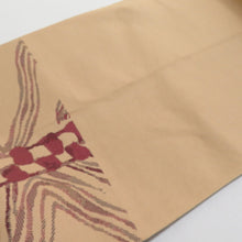 画像をギャラリービューアに読み込む, 名古屋帯 正絹 薄茶色x茶色 幾何学模様 八寸帯 六通柄 カジュアル 仕立て上がり 着物帯 長さ351cm