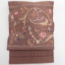 画像をギャラリービューアに読み込む, 名古屋帯 化繊 レーヨン 茶色x青色 唐草花模様 お太鼓柄 八寸帯 カジュアル 仕立て上がり 着物帯 長さ330cm