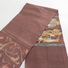 画像をギャラリービューアに読み込む, 名古屋帯 化繊 レーヨン 茶色x青色 唐草花模様 お太鼓柄 八寸帯 カジュアル 仕立て上がり 着物帯 長さ330cm