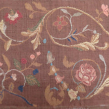 画像をギャラリービューアに読み込む, 名古屋帯 化繊 レーヨン 茶色x青色 唐草花模様 お太鼓柄 八寸帯 カジュアル 仕立て上がり 着物帯 長さ330cm