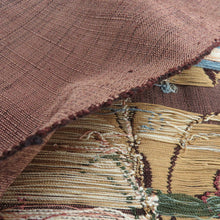 画像をギャラリービューアに読み込む, 名古屋帯 化繊 レーヨン 茶色x青色 唐草花模様 お太鼓柄 八寸帯 カジュアル 仕立て上がり 着物帯 長さ330cm