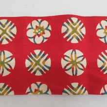 画像をギャラリービューアに読み込む, 名古屋帯 木綿 八寸 丸に花模様 赤x青x黄色 全通柄 カジュアル 仕立て上がり 着物帯 長さ351cm