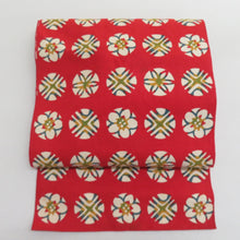 画像をギャラリービューアに読み込む, 名古屋帯 木綿 八寸 丸に花模様 赤x青x黄色 全通柄 カジュアル 仕立て上がり 着物帯 長さ351cm