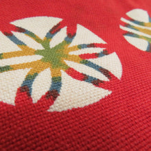 画像をギャラリービューアに読み込む, 名古屋帯 木綿 八寸 丸に花模様 赤x青x黄色 全通柄 カジュアル 仕立て上がり 着物帯 長さ351cm