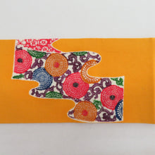 画像をギャラリービューアに読み込む, 名古屋帯 正絹 黄色x多色 型染め 霞に唐草花模様 お太鼓柄 カジュアル 仕立て上がり 着物帯 長さ365cm