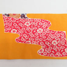 画像をギャラリービューアに読み込む, 名古屋帯 正絹 黄色x多色 型染め 霞に唐草花模様 お太鼓柄 カジュアル 仕立て上がり 着物帯 長さ365cm