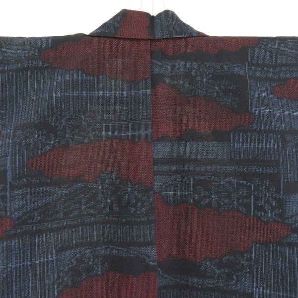 紬 着物 単衣 紺色x赤色 雲取り模様 バチ衿 正絹 仕立て上がり着物