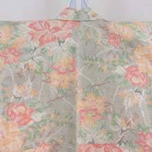 Load image into Gallery viewer, 紬 着物 単衣 花模様 緑色x黄色 バチ衿 正絹 仕立て上がり着物 身丈150cm