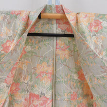Load image into Gallery viewer, 紬 着物 単衣 花模様 緑色x黄色 バチ衿 正絹 仕立て上がり着物 身丈150cm