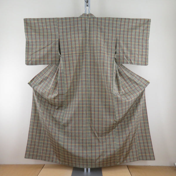 紬 着物 絹 胴抜き 格子模様 緑ｘ赤ｘ黄色 バチ衿 仕立て上がり着物 身丈156cm 【キモノオフ野々市若松店】 紬 着物 絹 胴抜き 格子模様 緑x赤x黄色 バチ衿 仕立て上がり着物