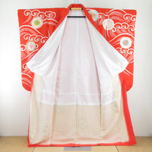 Load image into Gallery viewer, 振袖 朱色x白色 金糸 刺繍入り 波に丸に花紋様 正絹 成人式 仕立て上がり 身丈161cm