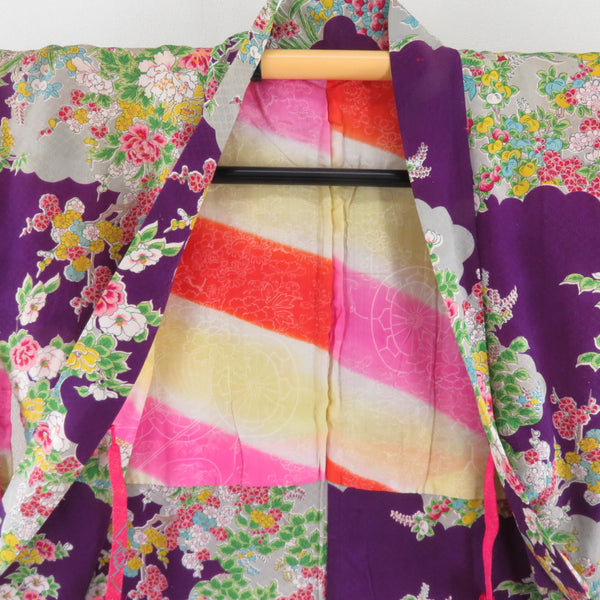 羽織 アンティーク 昔羽織 正絹 紫ｘ緑ｘ黄色 雲取りに花々模様 地模様入り レトロモダン 大正ロマン ちりよけ 上着 身丈85cm 【キモノオフ野々市若松店】 羽織 アンティーク 昔羽織 正絹 紫x緑x黄色 雲取りに花々模様 地模様