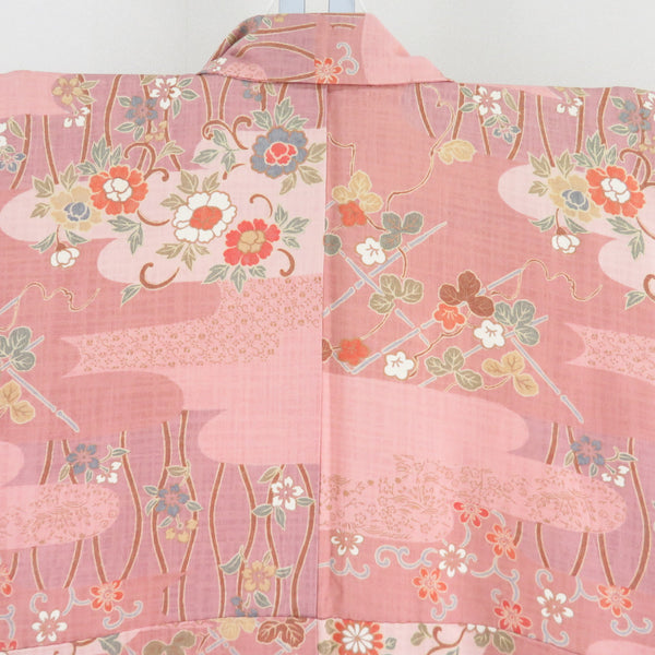 小紋　くすみピンク　花柄　美品 小紋 くすみピンクx多色 小花に霞模様 正絹 袷 広衿 仕立て