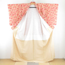 画像をギャラリービューアに読み込む, 小紋 黄色x赤x赤ピンク色 草花模様 正絹 袷 バチ衿 仕立て上がり着物 身丈159cm