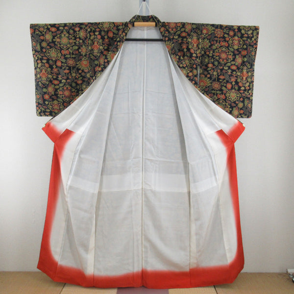 小紋 紺色x辛子色x緑色 花模様 正絹 袷 広衿 仕立て上がり着物【中古
