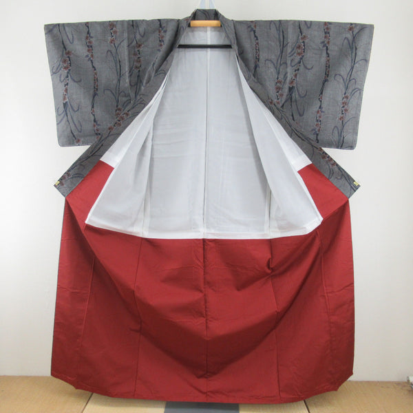 紬 着物 灰色x紫色x赤色 花模様 袷 バチ衿 正絹 仕立て上がり着物