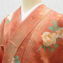 画像をギャラリービューアに読み込む, 小紋 正絹 袷 広衿 オレンジぼかし系 薔薇柄 袖丈長めタイプ 仕立て上がり カジュアル着物 バラ 身丈157cm