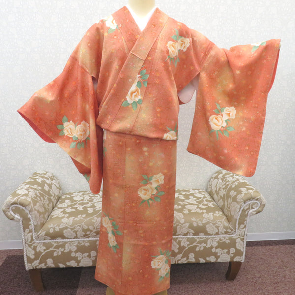 バラ柄 小紋着物　正絹 小紋 正絹 袷 広衿 オレンジぼかし系 薔薇柄 袖丈長めタイプ 仕立て