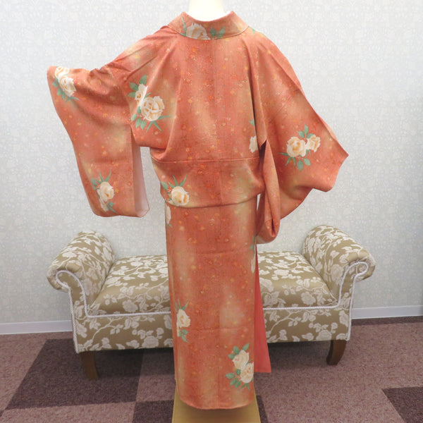 小紋 正絹 袷 広衿 オレンジぼかし系 薔薇柄 袖丈長めタイプ 仕立て