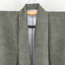 Load image into Gallery viewer, 小紋 ポリエステル 緑色x茶色 幾何学に唐草花模様 袷 広衿 仕立て上がり 身丈165cm