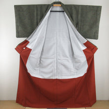 Load image into Gallery viewer, 小紋 ポリエステル 緑色x茶色 幾何学に唐草花模様 袷 広衿 仕立て上がり 身丈165cm