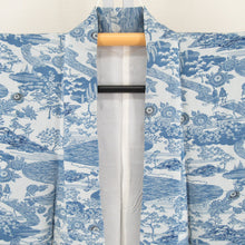 Load image into Gallery viewer, 小紋 水色x薄青色 藍染 縮緬 風景に人物模様 正絹 袷 バチ衿 仕立て上がり着物 身丈154cm