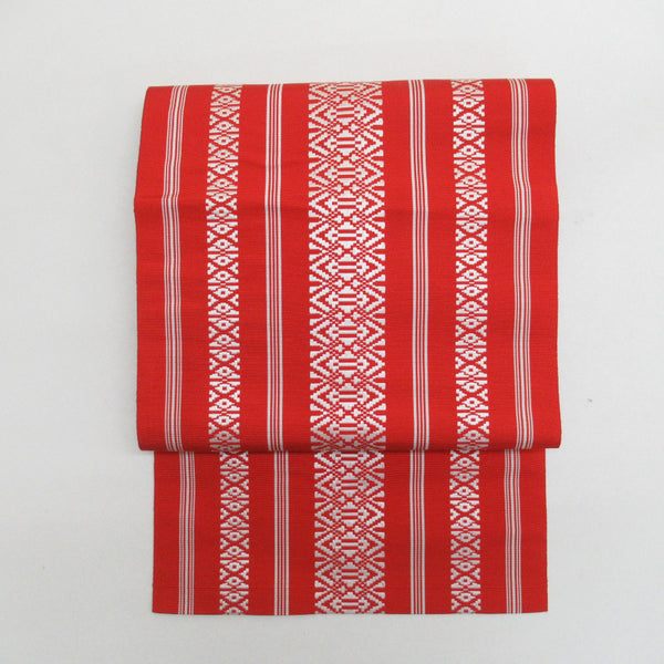 名古屋帯 博多織 正絹 赤x白色 献上柄 全通柄 カジュアル 仕立て