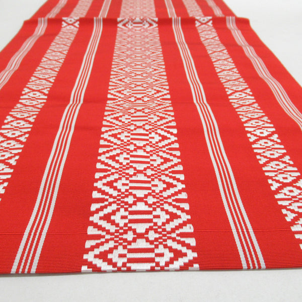 名古屋帯 博多織 正絹 赤x白色 献上柄 全通柄 カジュアル 仕立て