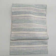 Load image into Gallery viewer, 名古屋帯 正絹 紬 ベージュx薄紫x薄青色 横縞模様 パステル系 松葉仕立て 八寸帯 カジュアル 仕立て上がり 着物帯 長さ348cm