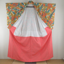 Load image into Gallery viewer, 小紋 ポリエステル 袷 黄色xオレンジ色x緑色 薔薇模様 バチ衿 仕立て上がり 身丈155cm