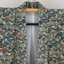 Load image into Gallery viewer, 小紋 流水に花々模様 青色x朱色x緑色 袷 広衿 絹 仕立て上がり着物 身丈151cm