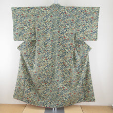 Load image into Gallery viewer, 小紋 流水に花々模様 青色x朱色x緑色 袷 広衿 絹 仕立て上がり着物 身丈151cm