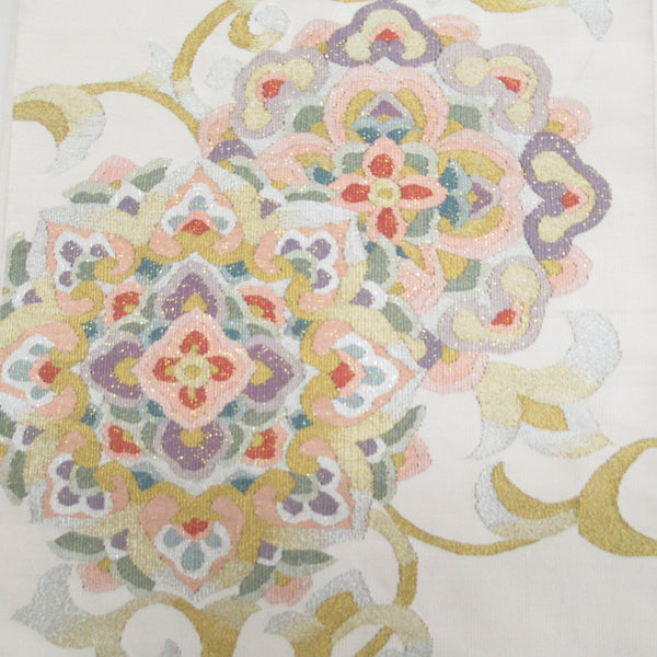 袋帯 正絹 金糸銀糸 椿に鳥模様 お太鼓柄 フォーマル 仕立て上がり 長さ448cm 【キモノオフ野々市若松店】 名古屋帯 つづれ 金糸銀糸 白色x多色 華文紋様 お太鼓柄 正絹