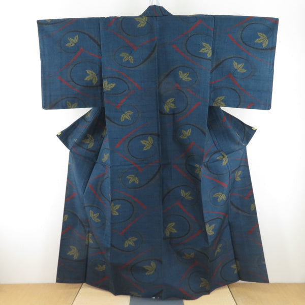紬 着物 単衣 花模様 紺色ｘ黄色ｘ赤色ｘ多色 広衿 正絹 仕立て上がり着物 身丈165cm 【キモノオフ野々市若松店】 紬 着物 枝模様 紺色x赤色x黄色x黒色 単衣 バチ衿 絹 仕立て上がり