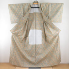 Load image into Gallery viewer, Tsumugi kimono, Bishamon turtle shell and flower pattern, spicy color x green, single-layered, Bachi collar, silk, ready-made kimono, length 161cm