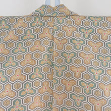 Load image into Gallery viewer, Tsumugi kimono, Bishamon turtle shell and flower pattern, spicy color x green, single-layered, Bachi collar, silk, ready-made kimono, length 161cm